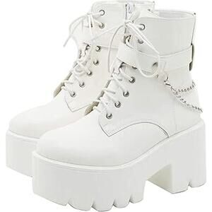 Cynllio Womens 8 White Faux Leather 3.5" Block Heel Platform Combat Ankle Boots